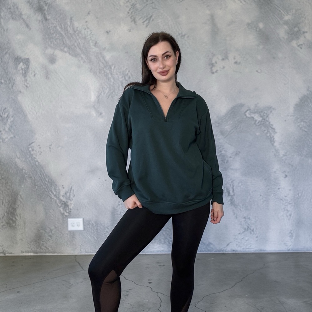 Athleta Green Half Zip Sweatshirt Women’s Oversized Pullover Tunic Side Zips